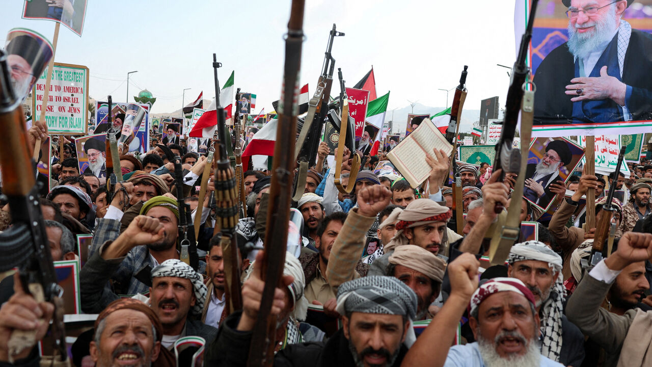 People attend at a protest against Israel and the U.S. strikes on Iran, following the killing of Ali Khamenei, in Sanaa, Yemen. REUTERS/Khaled Abdullah