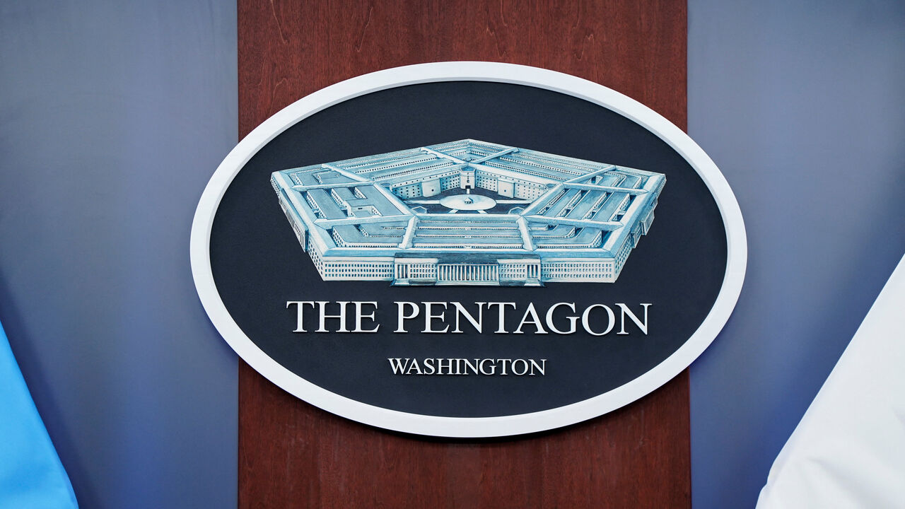 The Pentagon logo in the briefing room, following the United States and Israel-led strikes on Iran, at the Pentagon in Washington, D.C., U.S., March 2, 2026. REUTERS/Elizabeth Frantz