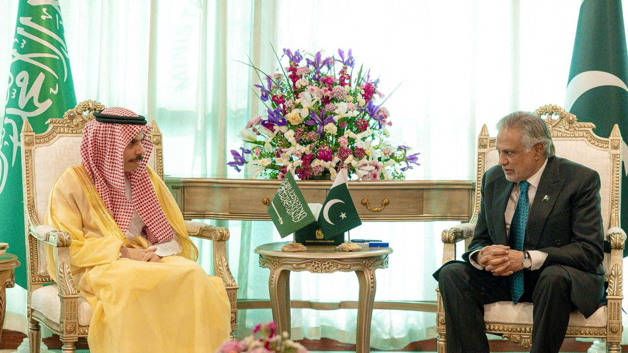 Saudi Foreign Minister Faisal bin Farhan al Saud meets Pakistan's Deputy Prime Minister and Minister for Foreign Affairs Senator Mohammad Ishaq Dar at the Ministry of Foreign Affairs on the day Pakistan hosts talks with the Foreign Ministers of Saudi Arabia, Egypt and Turkey to discuss regional de-escalation, amid the U.S.-Israel conflict with Iran, in Islamabad, Pakistan, March 29, 2026. Saudi Press Agency/Handout via REUTERS