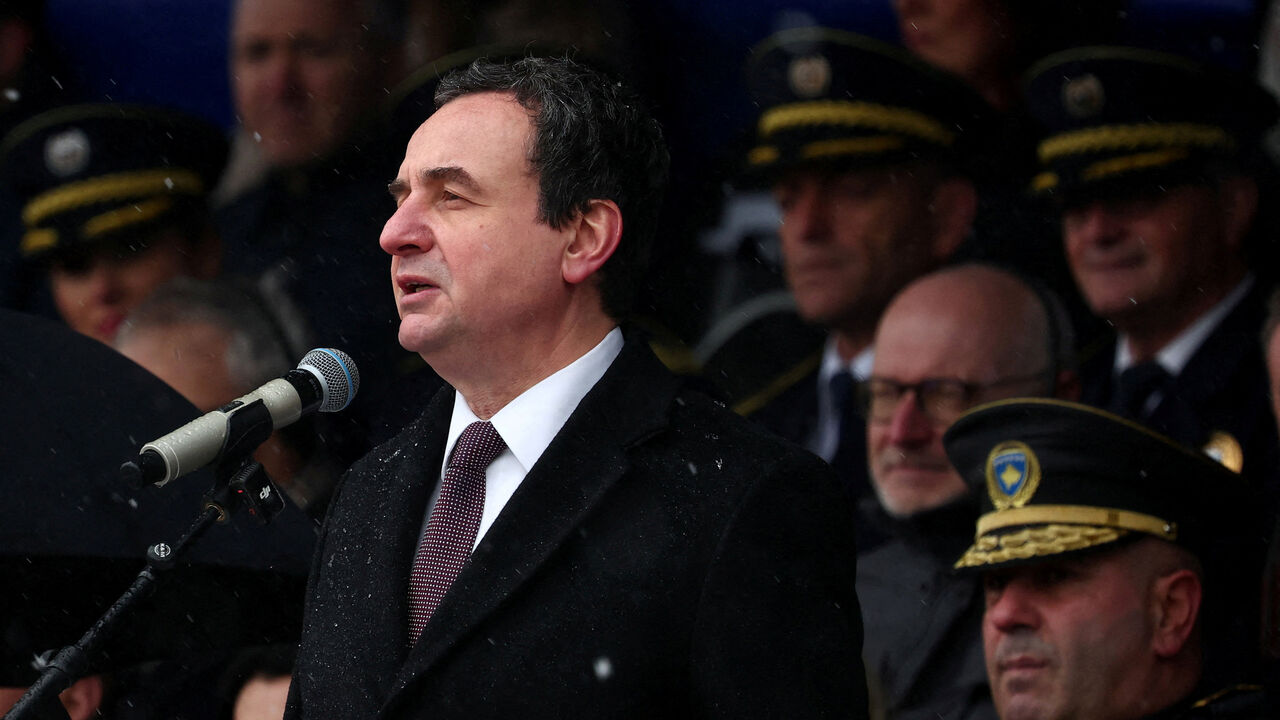 FILE PHOTO: Kosovo's Prime Minister Albin Kurti delivers his speech at a parade during celebrations of the 18th anniversary of Kosovo independence in Pristina, Kosovo, February 17, 2026. REUTERS/Florion Goga/File Photo