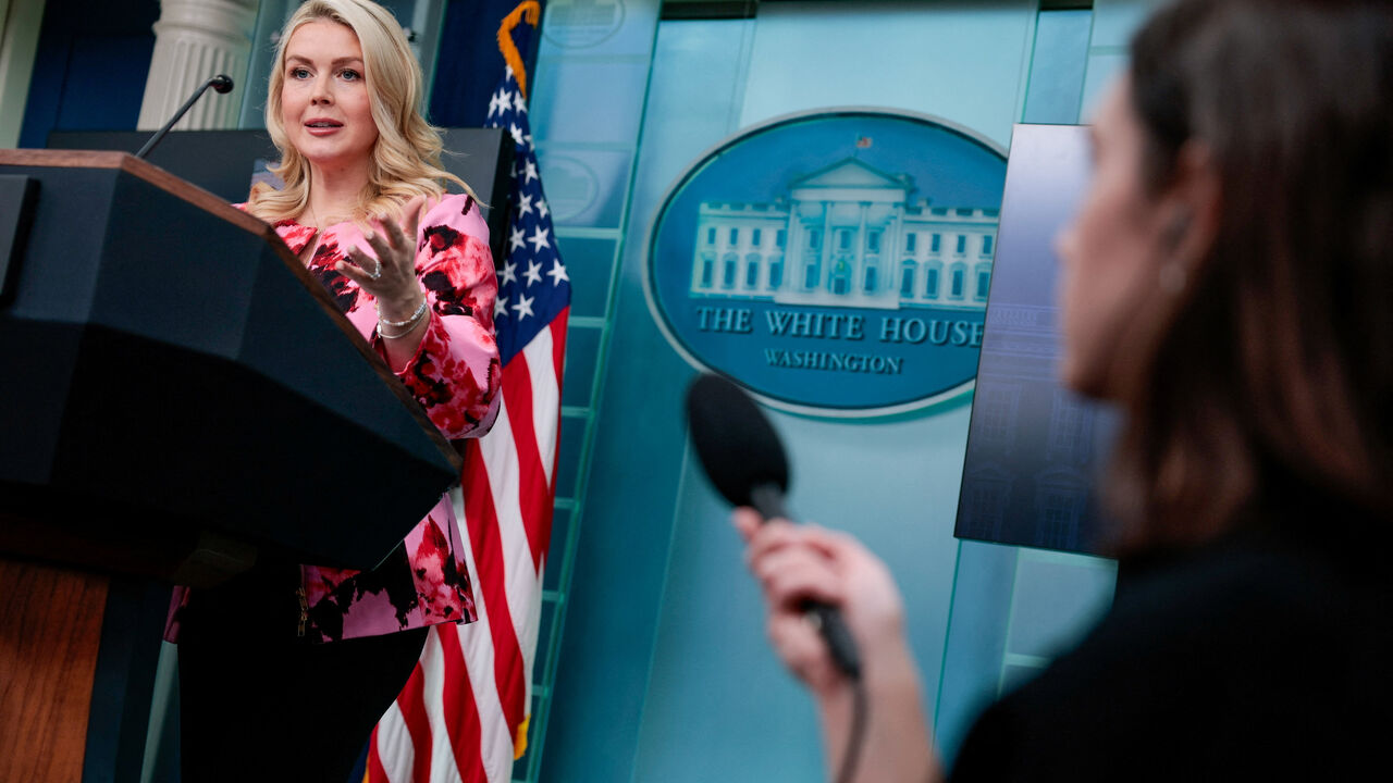 White House Press Secretary Karoline Leavitt speaks during a press briefing in the James S. Brady Press Briefing Room at the White House in Washington, D.C., U.S., March 30, 2026. REUTERS/Evan Vucci