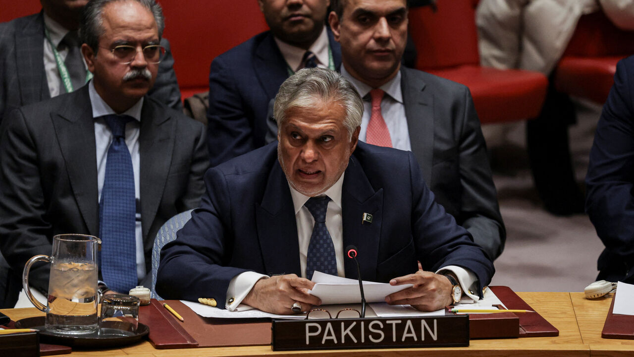 Pakistani Deputy Prime Minister and Minister for Foreign Affairs Mohammad Ishaq Dar addresses the Security Council during the meeting on the situation in the Middle East, at U.N. headquarters in New York City, U.S., February 18, 2026. REUTERS/Jeenah Moon