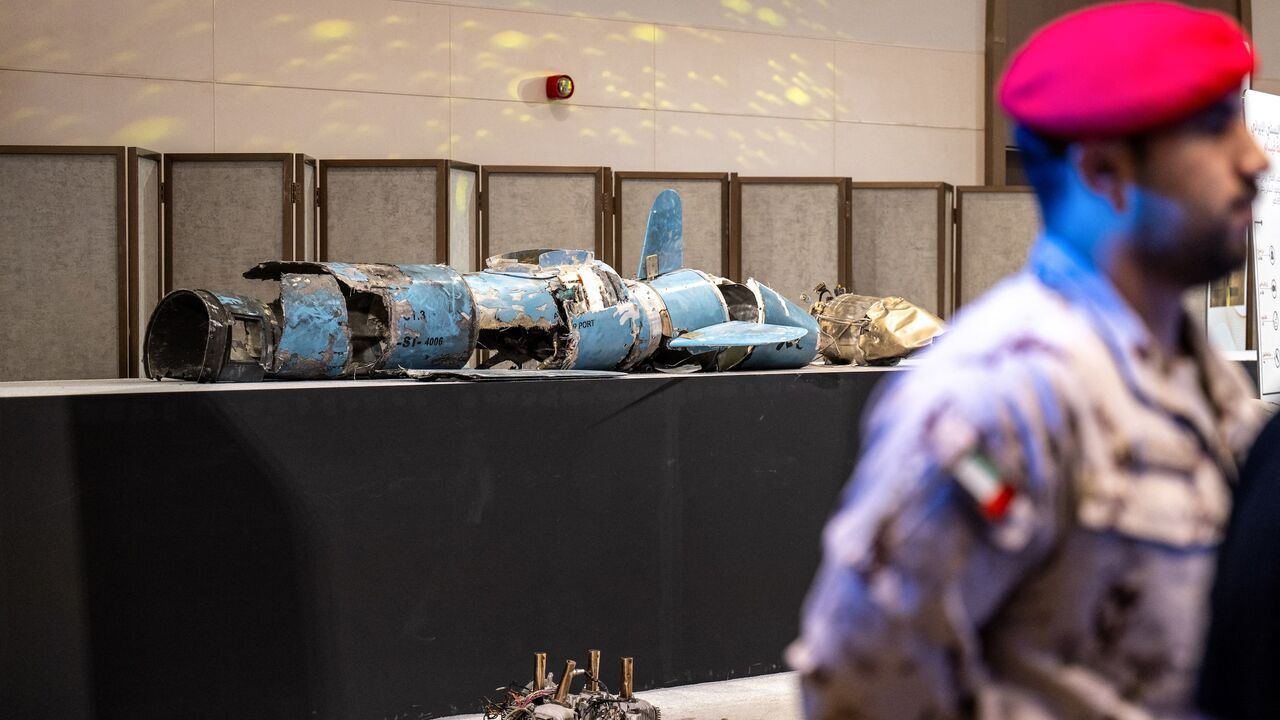 Pieces of missiles and drones recovered after Iran's strikes are displayed during a press briefing by the UAE government held in Abu Dhabi on March 3, 2026. 