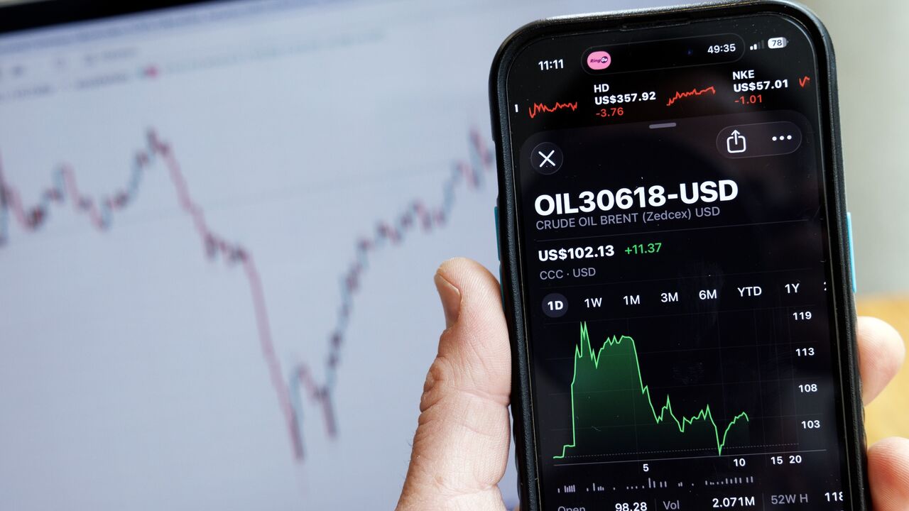 In this photo illustration, a smartphone displays the crude oil price in USD after markets in the UK opened on March 9, 2026, in London, England. 