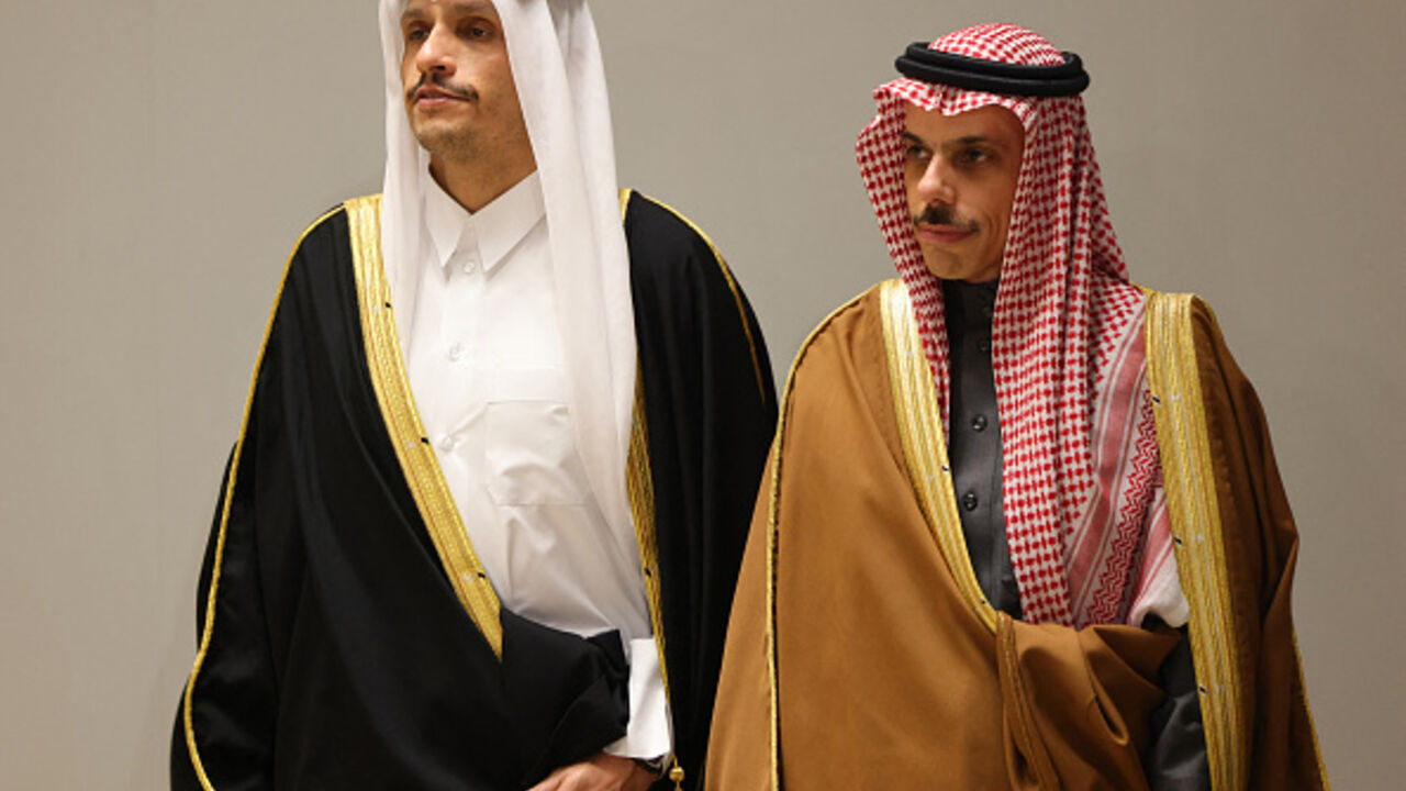 Saudi Arabia's Foreign Minister Faisal bin Farhan Al-Saud (R) and his Qatari counterpart Mohammed bin Abdulrahman al-Thani in Riyadh, on March 19, 2026. (Fayez Nureldine / AFP via Getty Images)