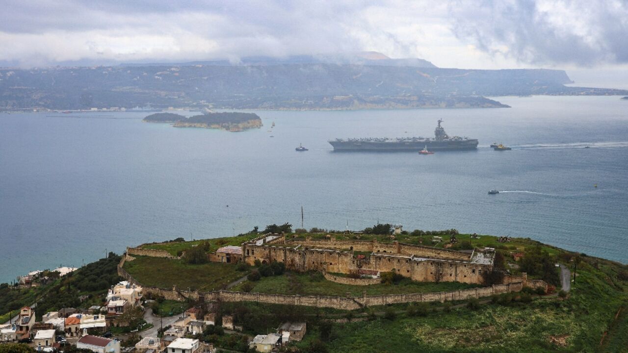 USS Gerald R. Ford arrives at Souda Bay naval base in Crete on March 23, 2026