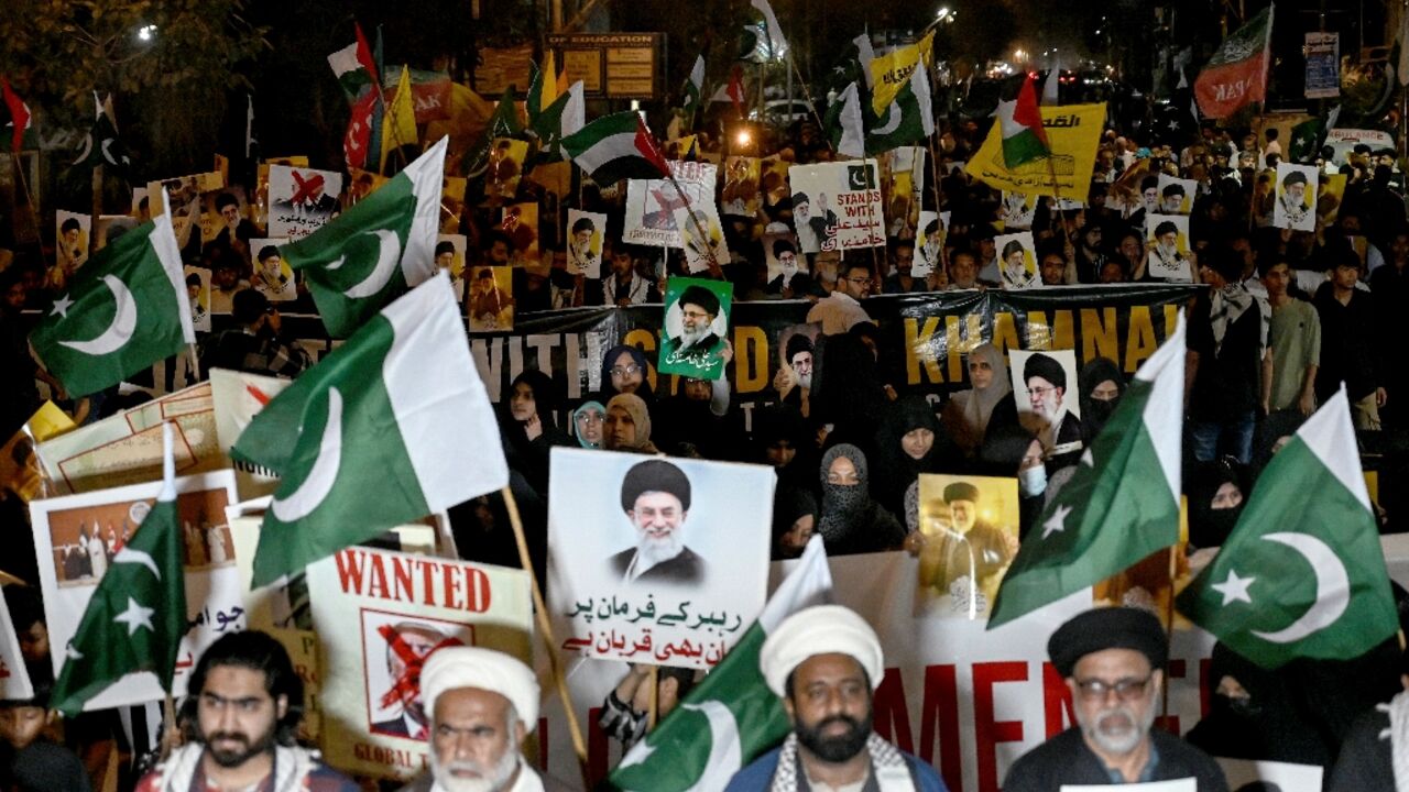 Pakistani Shiite Muslims shout slogans to condemn the US-Israel attack on Iran during a protest in Karachi on February 28, 2026.