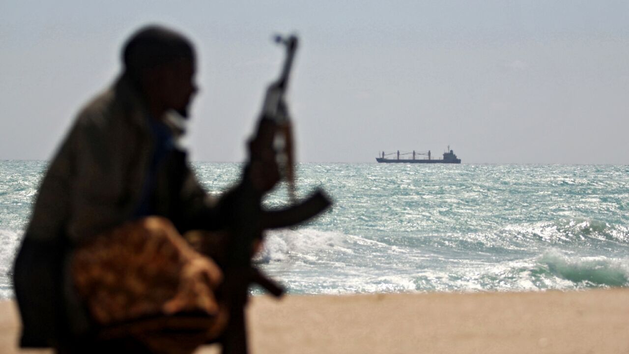 An armed Somali watches a Greek cargo ship anchored off NE Somalia in 2010