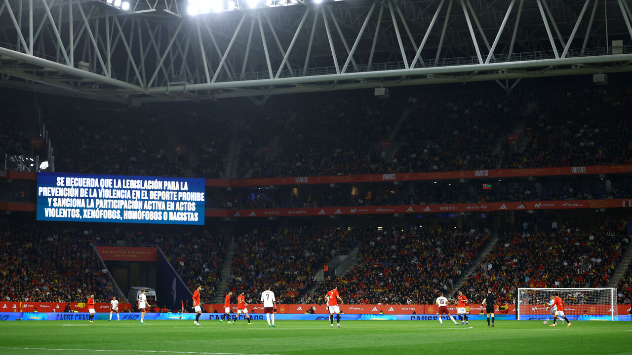 Soccer Football - International Friendly - Spain v Egypt - RCDE Stadium, Cornella de Llobregat, Spain - March 31, 2026 A big screen displays a anti discrimination message inside the stadium during the match REUTERS/Albert Gea