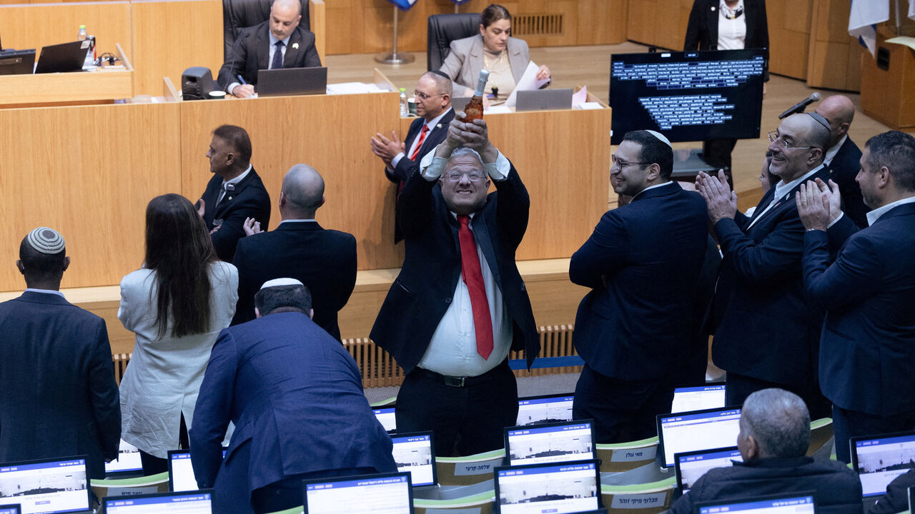 Israel's far-right National Security Minister Itamar Ben-Gvir celebrates after Israel's parliament passed a law on Monday making the death penalty a default sentence for Palestinians convicted in military courts of deadly attacks, at the Knesset, Israel’s parliament in Jerusalem, March 30, 2026. REUTERS/Oren Ben Hakoon