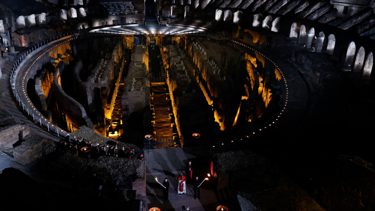 Pope Leo XIV presides over the Via Crucis (Way of the Cross) procession during Good Friday celebrations, at the Colosseum, in Rome, Italy, April 3, 2026. REUTERS/Remo Casilli