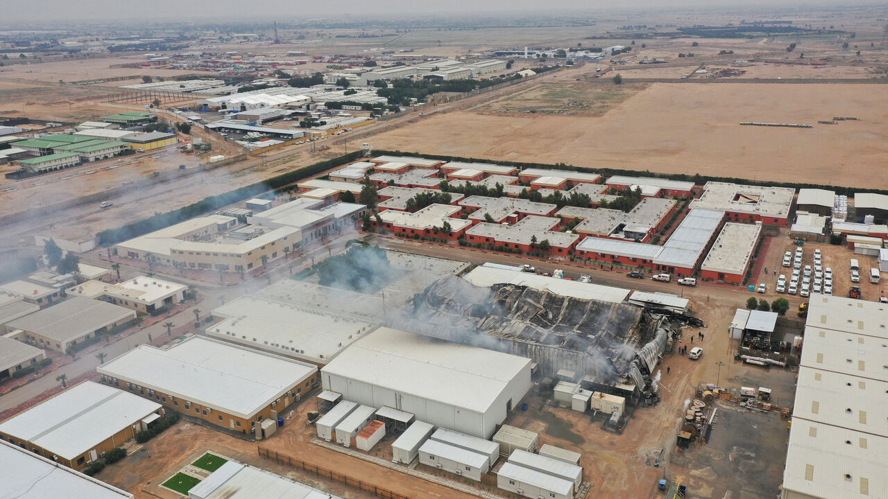 FILE PHOTO: A drone view shows damage at storage facilities belonging to foreign oil companies, after what security sources said was a drone strike west of Basra, Iraq, April 4, 2026. REUTERS/Essam al-Sudani/File Photo