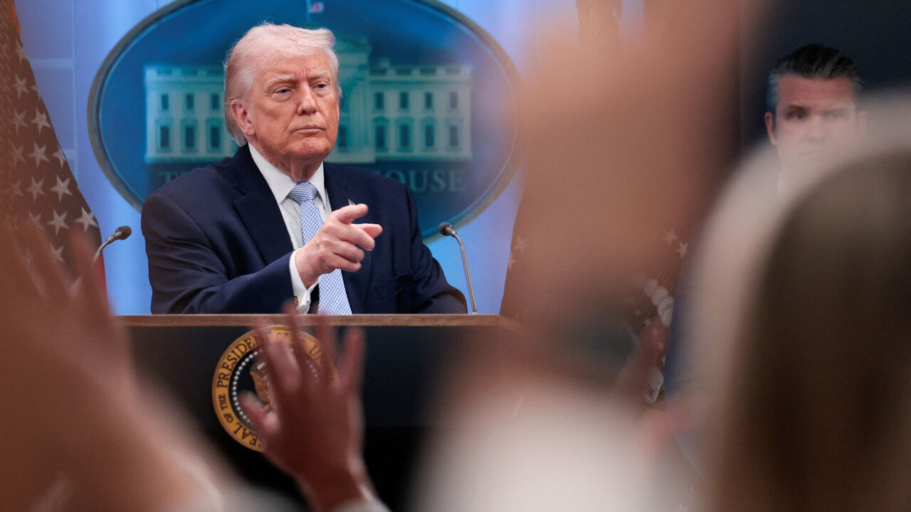 U.S. President Donald Trump takes questions as he speaks during a press conference in the James S. Brady Press Briefing Room at the White House in Washington, D.C., U.S., April 6, 2026. REUTERS/Evan Vucci