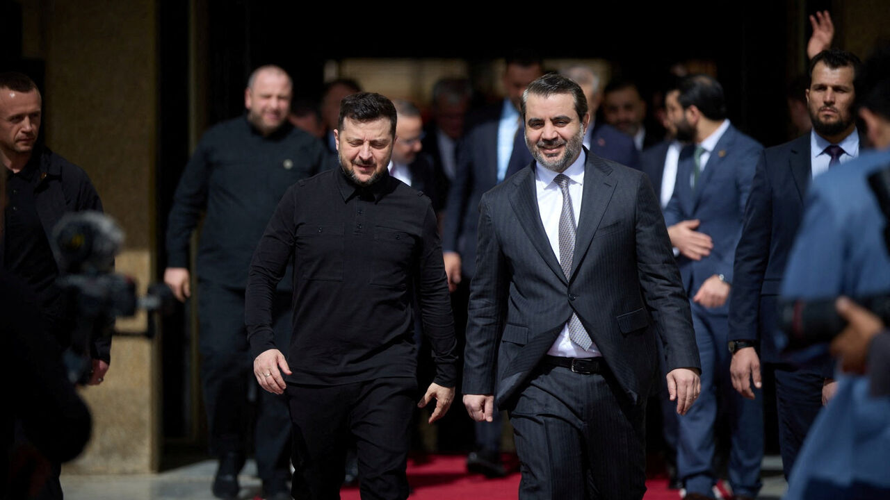 Ukraine's President Volodymyr Zelenskiy meets with Syria's Foreign Minister Asaad Hassan al-Shibani, amid Russia's attack on Ukraine, in Damascus, Syria, April 5, 2026. Ukrainian Presidential Press Service/Handout via REUTERS ATTENTION EDITORS - THIS IMAGE HAS BEEN SUPPLIED BY A THIRD PARTY.