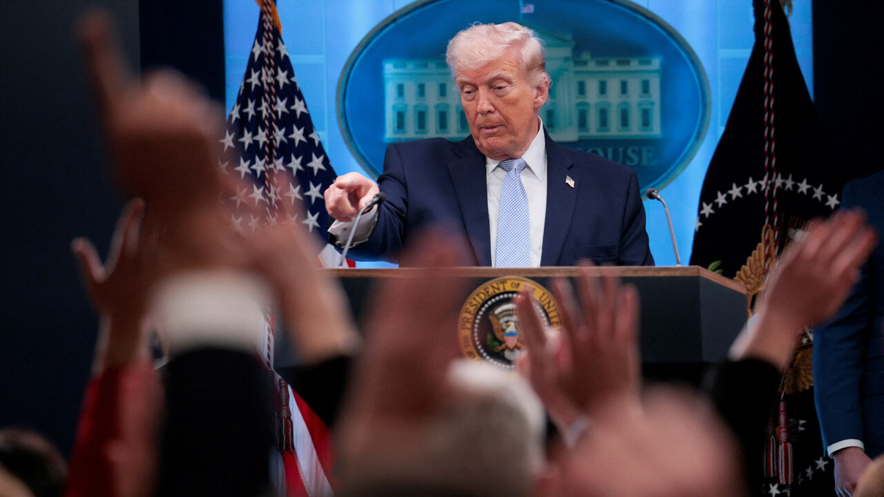 U.S. President Donald Trump takes questions as he speaks during a press conference in the James S. Brady Press Briefing Room at the White House in Washington, D.C., U.S., April 6, 2026. REUTERS/Evan Vucci