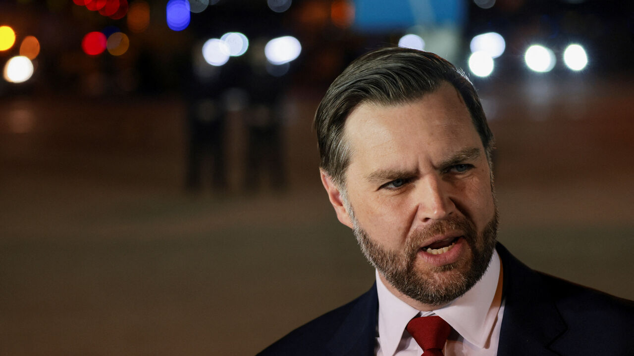 U.S. Vice President JD Vance speaks to the media before boarding Air Force Two to return to Washington, D.C. from Budapest Ferenc Liszt International Airport in Budapest, Hungary, April 8, 2026. REUTERS/Jonathan Ernst/Pool