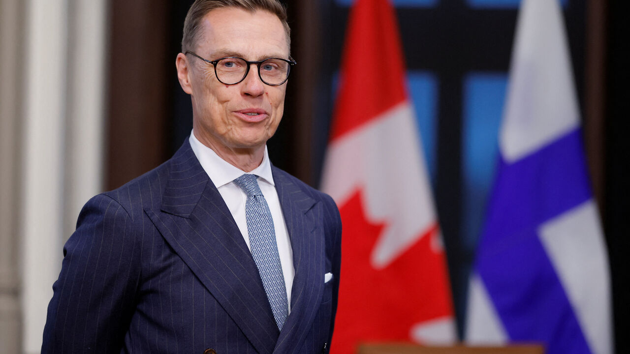 FILE PHOTO: Finland's President Alexander Stubb looks on as he meets with Canada's Prime Minister Mark Carney (not pictured) on Parliament Hill in Ottawa, Ontario, Canada, April 14, 2026. Blair Gable/Pool via REUTERS/File Photo