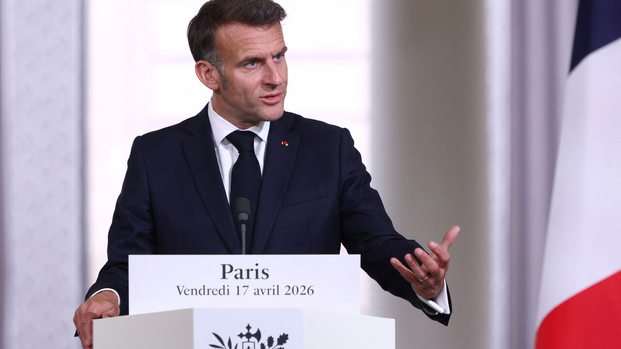 French President Emmanuel Macron attends a press conference after the multinational virtual summit at the Elysee Presidential Palace in Paris, France, April 17, 2026. Tom Nicholson/Pool via REUTERS