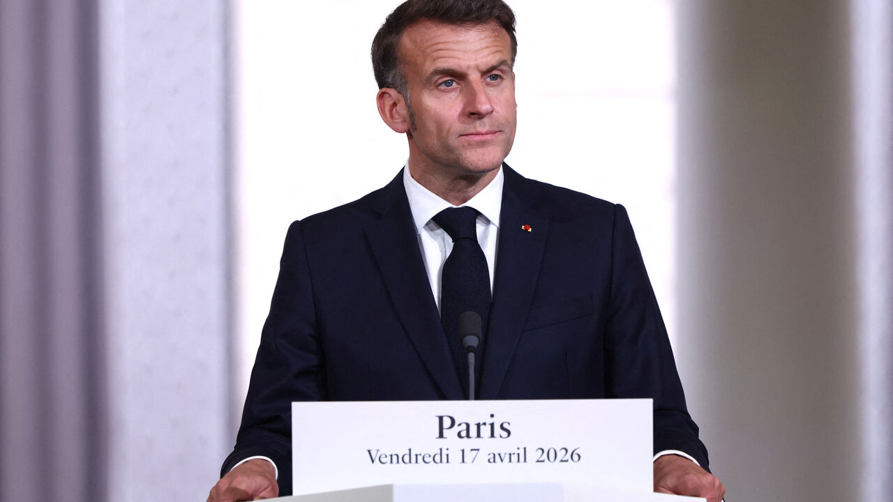 French President Emmanuel Macron attends a press conference after the multinational virtual summit at the Elysee Presidential Palace in Paris, France, April 17, 2026. Tom Nicholson/Pool via REUTERS