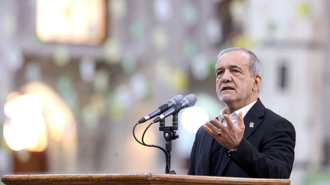 Iranian President Masoud Pezeshkian speaks during a visit to the shrine of the leader of Iran's 1979 Islamic Revolution, Ayatollah Ruhollah Khomeini, in southern Tehran, Iran, January 31, 2026. Iran's Presidential website/WANA (West Asia News Agency)/Handout via REUTERS