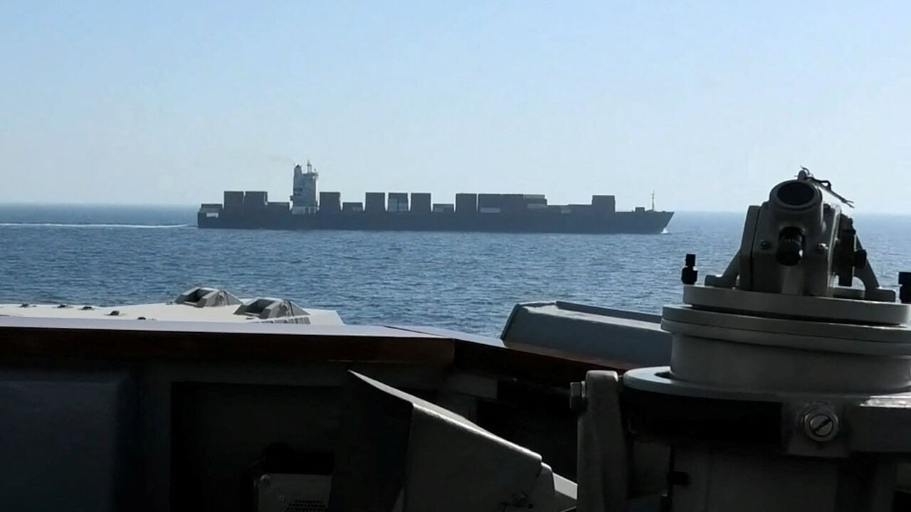 A view of Iranian-flagged cargo ship M/V Touska as the U.S. Navy Arleigh Burke-class Aegis guided missile destroyer USS Spruance conducts its interception in a location given as the north Arabian Sea, in this screen capture from a video released April 19, 2026. CENTCOM/Handout via REUTERS
