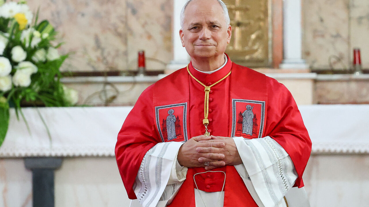 Pope Leo XIV attends a meeting with bishops, priests, consecrated men and women and pastoral workers at the Parish of Our Lady of Fatima, in Luanda, Angola, April 20, 2026. REUTERS/Guglielmo Mangiapane