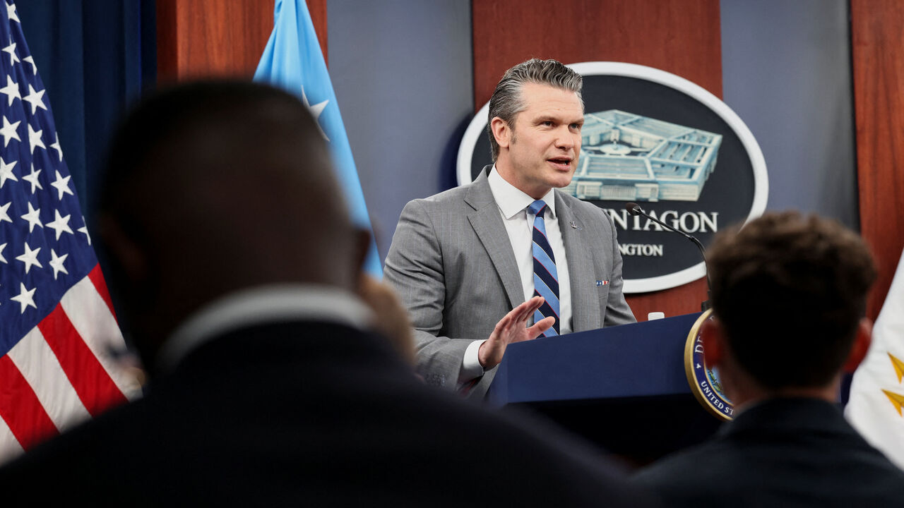 U.S. Secretary of Defense Pete Hegseth speaks during a briefing on the Iran war, amid a ceasefire between the U.S. and Iran, at the Pentagon in Washington, D.C., U.S., April 24, 2026. REUTERS/Kevin Lamarque