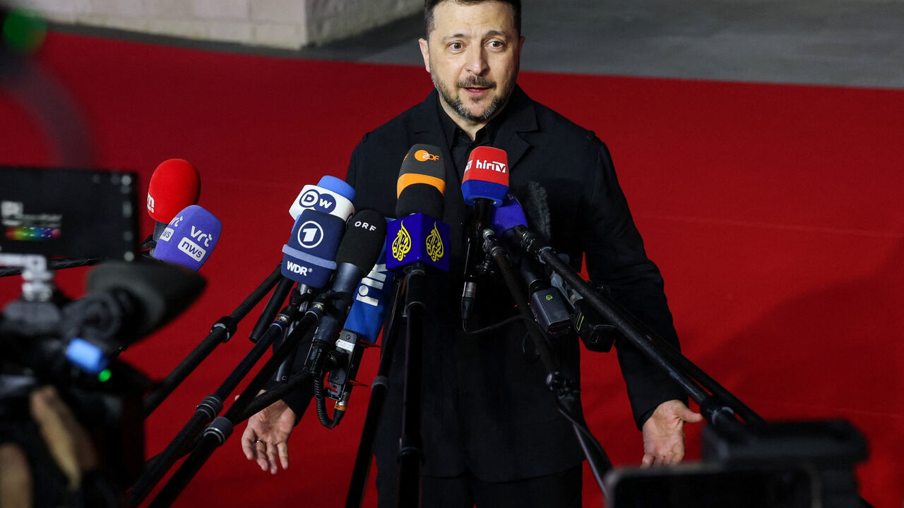 Ukraine's President Volodymyr Zelenskiy speaks to the media as he arrives to attend an informal European leaders' summit in Ayia Napa, Cyprus April 23, 2026. REUTERS/Yves Herman