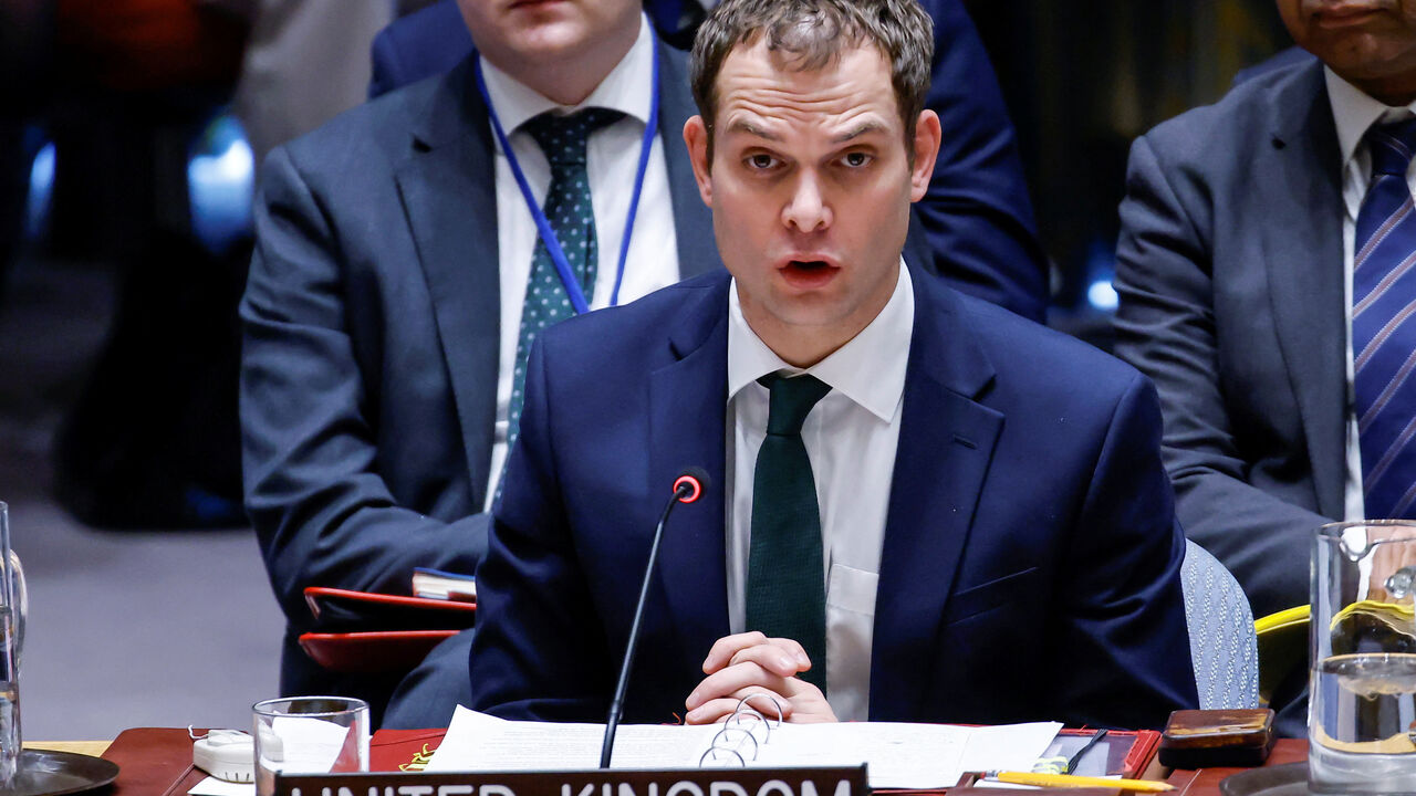 FILE PHOTO: United Kingdom's Parliamentary Under-Secretary of State at the Foreign, Commonwealth and Development Office Hamish Falconer addresses to members of the Security Council about the Middle East situation, including the Palestinian Question at UN Headquarters in New York City, U.S., January 20, 2025. REUTERS/Eduardo Munoz/File Photo