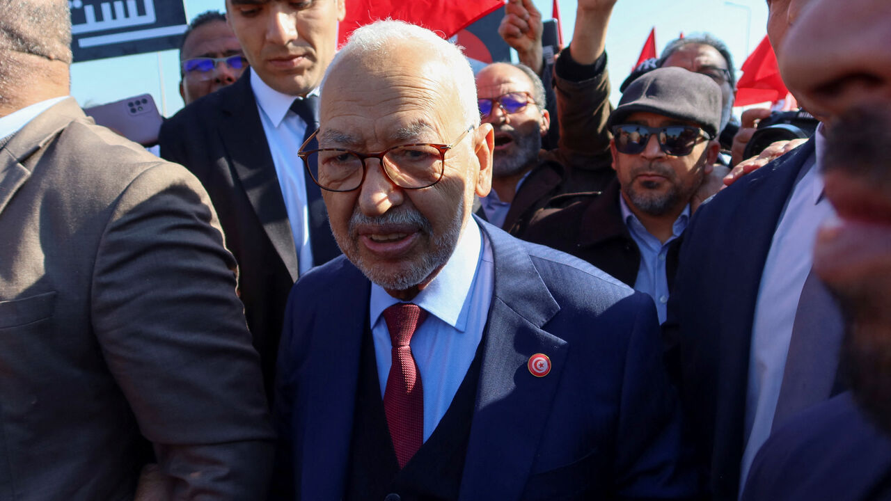 FILE PHOTO: Rached Ghannouchi, head of the Islamist Ennahda party and speaker of an elected parliament that Tunisian President Kais Saied formally dissolved last year, arrives at a court for questioning in Tunis, Tunisia February 21, 2023. REUTERS/Jihed Abidellaoui/File Photo