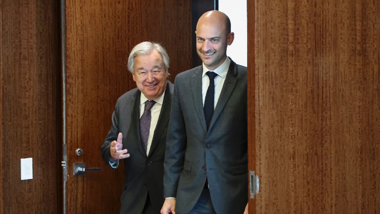 France's Foreign Minister Jean-Noel Barrot and UN Secretary-General Antonio Guterres arrive at a meeting at United Nations headquarters