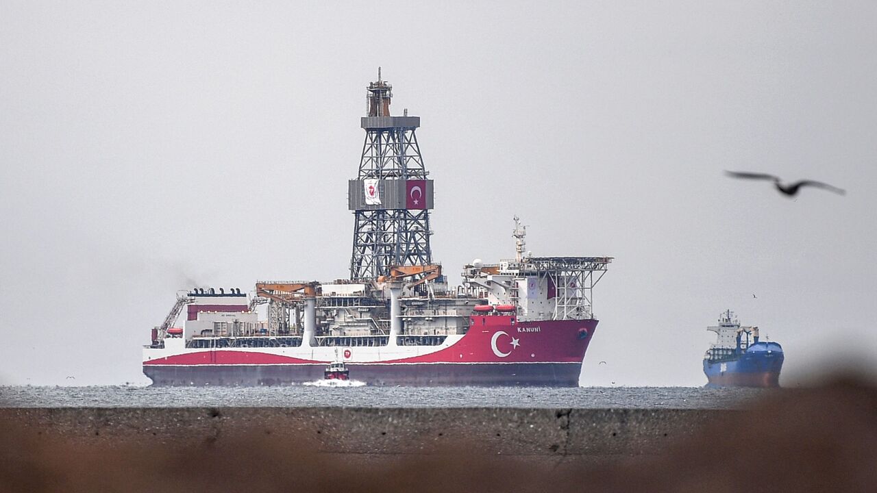 This picture taken on Oct. 19, 2020 in Istanbul shows Turkey's third drilling ship 'Kanuni' as it enters the bosphorus near Haydarpasa port.