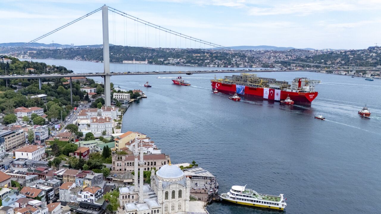 This aerial photograph shows Turkey's first floating natural gas production platform, "Osman Gazi," passing through the Bosphorus, in Istanbul, on May 29, 2025.