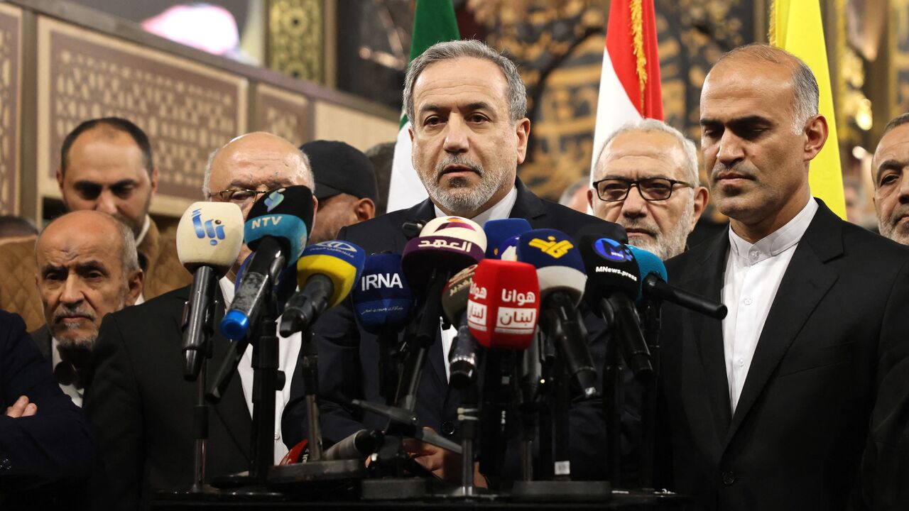 Iranian Foreign Minister Abbas Araghchi speaks to the press during a visit to the shrine of slain Hezbollah leader Hassan Nasrallah in Beirut's southern suburbs on Jan. 8, 2026. 
