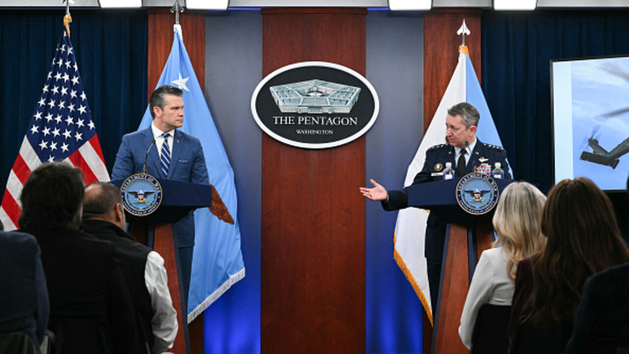US Secretary of Defense Pete Hegseth and Chairman of the Joint Chiefs of Staff Dan Caine speak during a press briefing at the Pentagon in Washington, DC, on April 8, 2026. (Mandel NGAN / AFP via Getty Images)