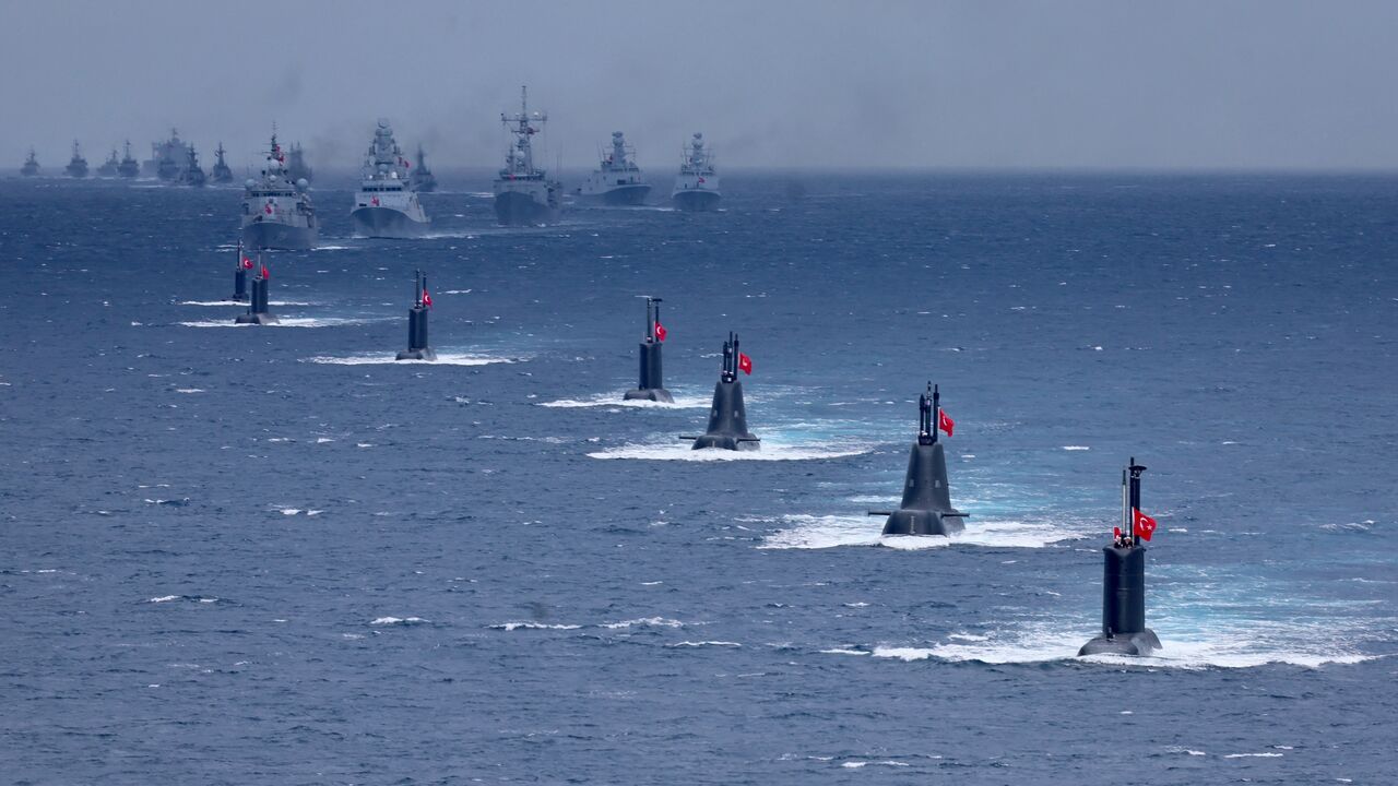 Turkey's submarines and fast-attack craft ships participate in the live-fire phase of the Blue Homeland-2026 (Mavi Vatan) tactical military exercises in the eastern Mediterranean Sea, in Antalya on April 9, 2026.