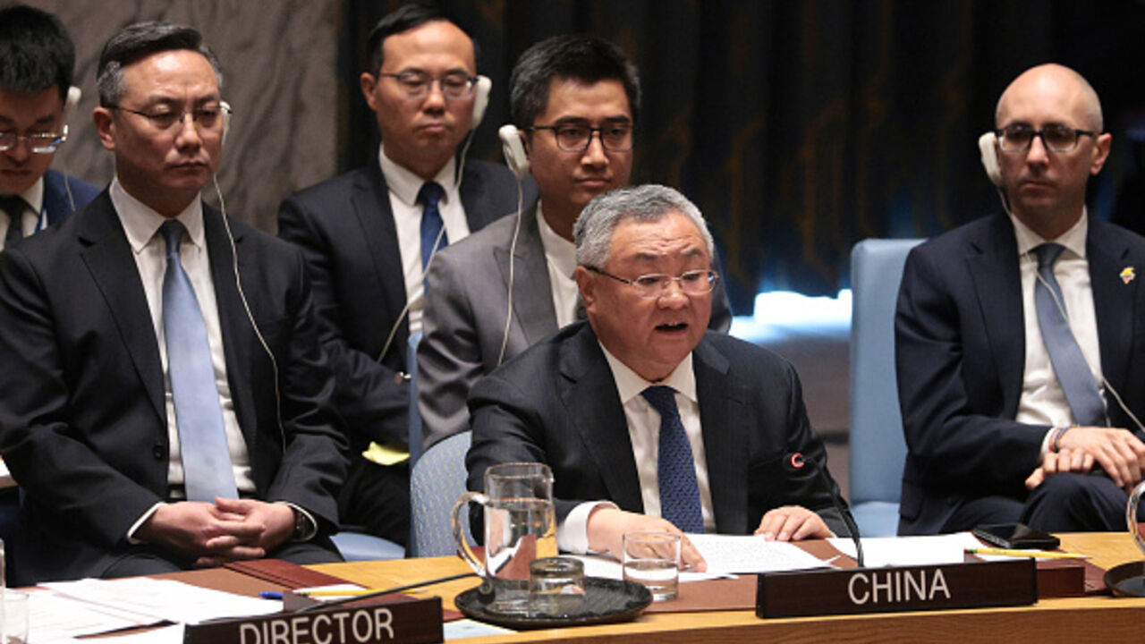 Fu Cong, China's permanent representative to the UN, speaks during a UN Security Council meeting regarding the situation in the Middle East on April 7, 2026, in New York City. A vote on a resolution in the Security Council introduced by Bahrain focusing on reopening the Strait of Hormuz failed after opposition from Russia and China. (Photo by Michael M. Santiago/Getty Images)