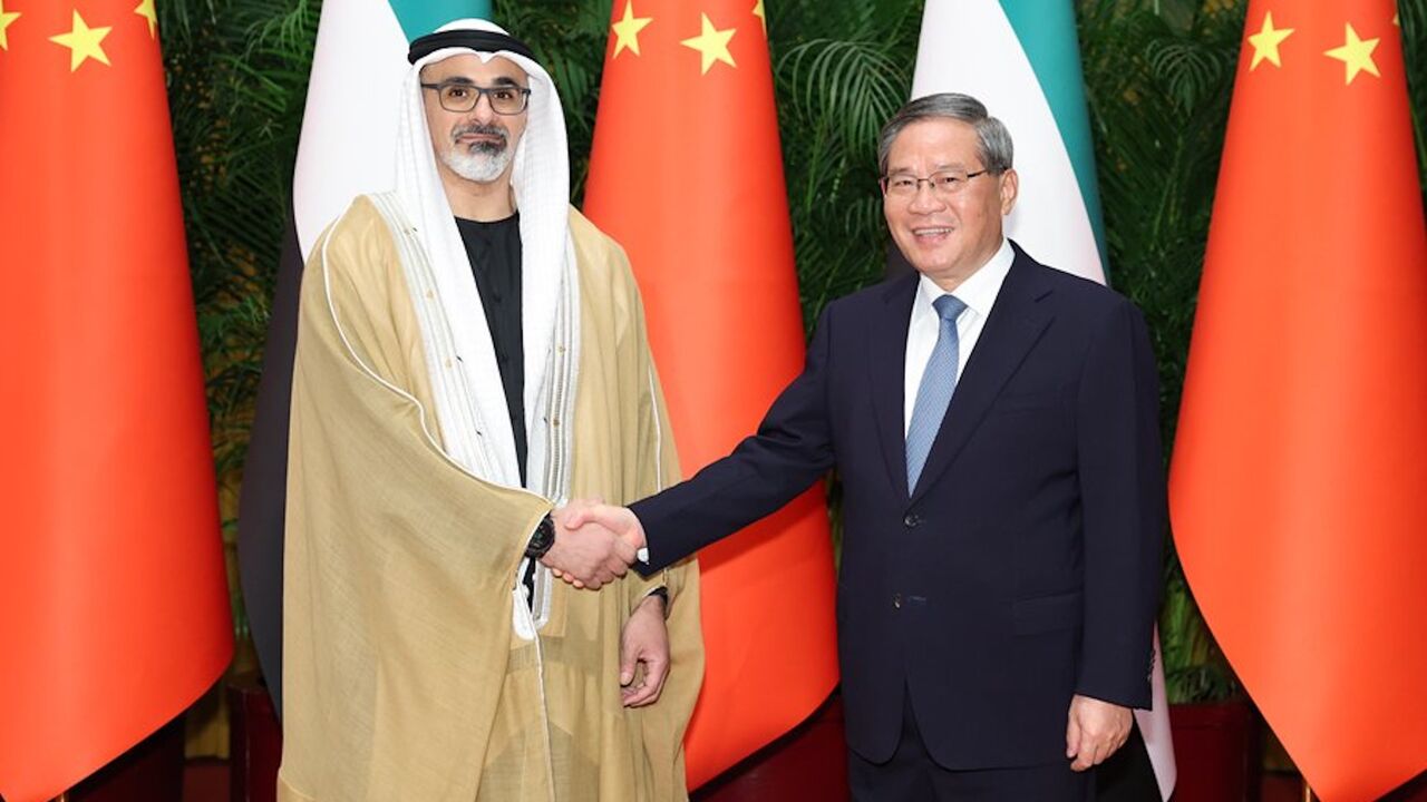 Chinese Premier Li Qiang meets with Sheikh Khaled bin Mohamed bin Zayed Al Nahyan, Crown Prince of Abu Dhabi, in Beijing on April 13, 2026.