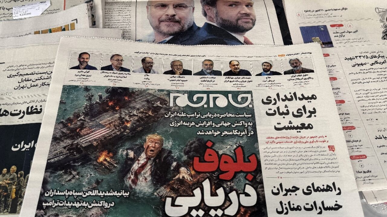 An Iranian newspaper featured a cartoon of US President Donald Trump drowning in the Strait of Hormuz with the headline 'Marine Bluff'