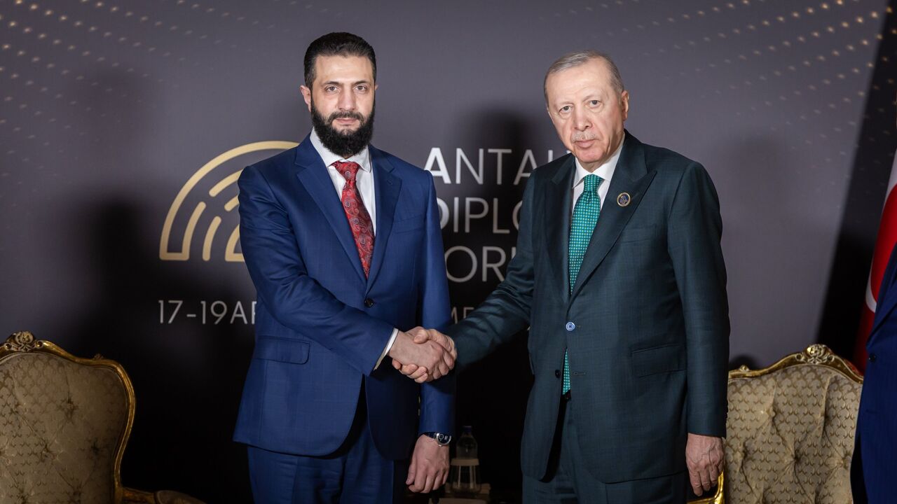 Syrian President Ahmed al-Sharaa and Turkish Presient Recep Tayyip Erdogan at the Antalya Diplomatic Forum in Turkey April 17, 2026.