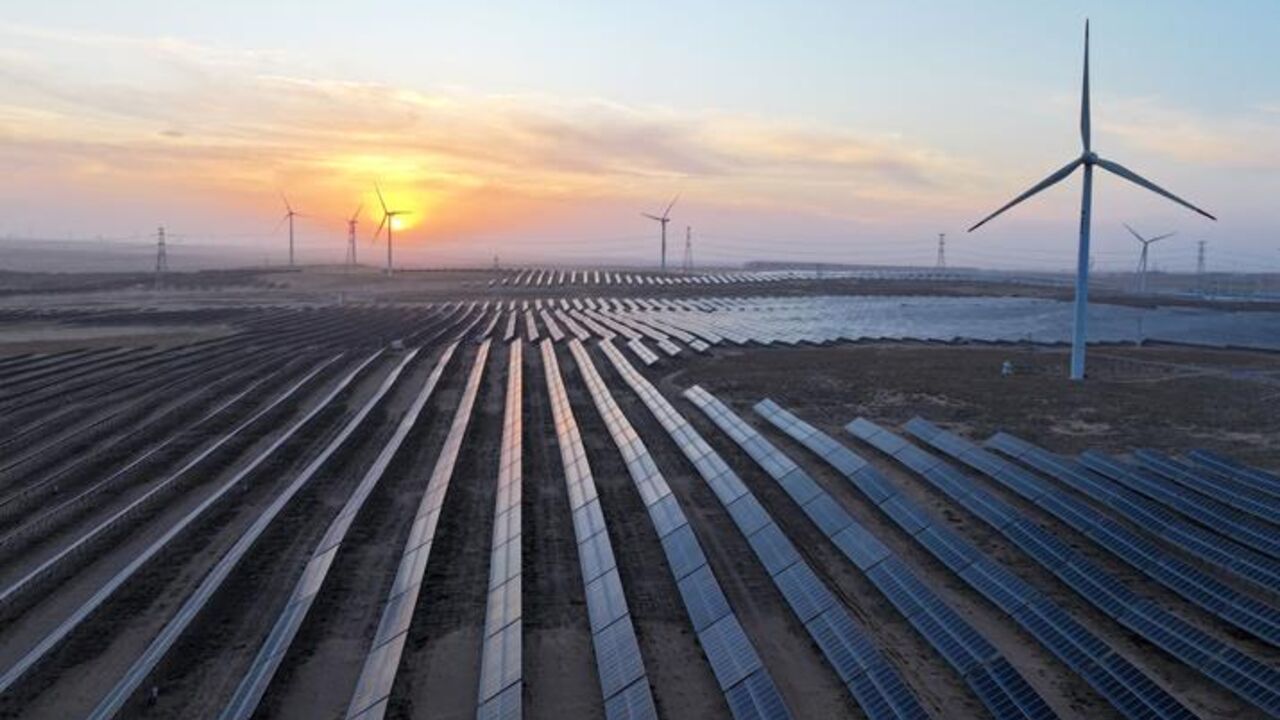 This picture taken on March 11, 2026 shows solar panels in Lingwu in China's northern Ningxia region. — CN-STR / AFP via Getty Images