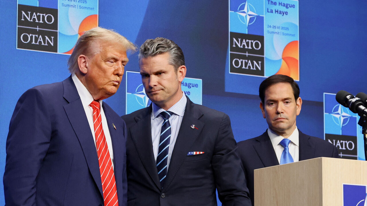 FILE PHOTO: U.S. President Donald Trump, U.S. Secretary of Defense Pete Hegseth and U.S. Secretary of State Marco Rubio attend a press conference at the NATO summit in The Hague, Netherlands June 25, 2025. REUTERS/Piroschka Van De Wouw/File Photo