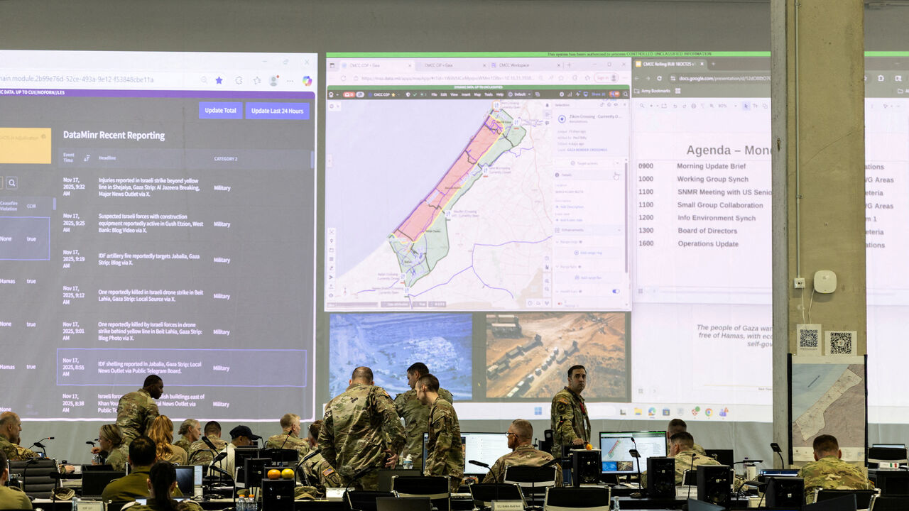 FILE PHOTO: U.S. and Israeli soldiers convene at the Civil Military Coordination Centre, the U.S.-led centre overseeing the implementation of President Donald Trump's plan to end the war in Gaza, in Kiryat Gat, southern Israel November 17, 2025. REUTERS/Alexander Cornwell/File Photo