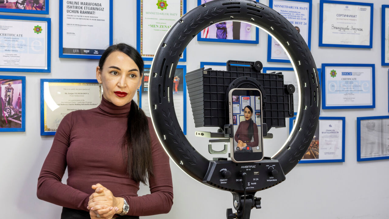 Social media influencer Enejan Velmuradova is recorded at her office in Ashgabat, Turkmenistan, March 18, 2026. REUTERS/Umit Bektas