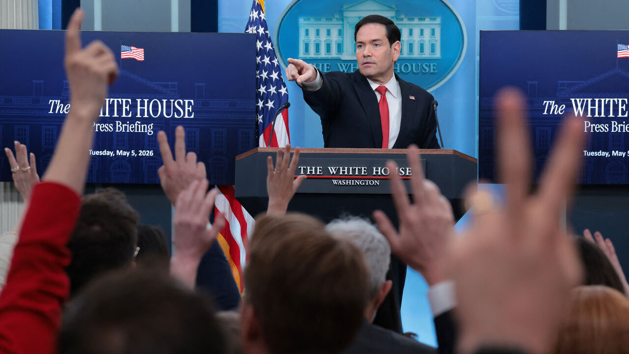 U.S. Secretary of State Marco Rubio points as members of the media raise their hands during a press briefing in the James S. Brady Press Briefing Room at the White House in Washington, D.C., U.S., May 5, 2026. REUTERS/Kylie Cooper