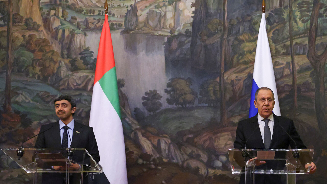 Russia's Foreign Minister Sergei Lavrov and the United Arab Emirates' Foreign Minister Sheikh Abdullah bin Zayed Al Nahyan attend a news conference following their talks in Moscow, Russia March 17, 2022. REUTERS/Evgenia Novozhenina/Pool