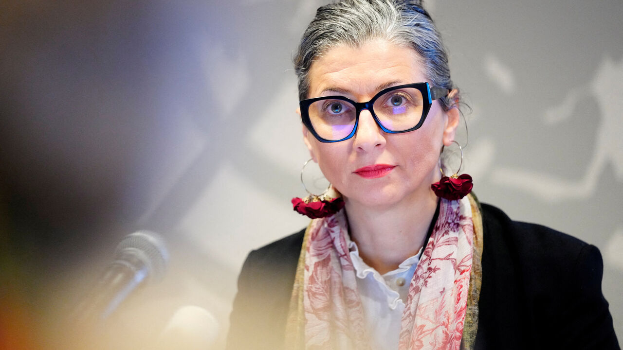 FILE PHOTO: UN Special Rapporteur for the occupied Palestinian territories, Francesca Albanese gives a press conference at the UN City in Copenhagen, Denmark February 5, 2025.   Ritzau Scanpix/Ida Marie Odgaard/File Photo