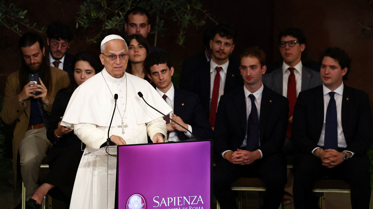 Pope Leo XIV speaks during a visit to Sapienza University of Rome, in Rome, Italy, May 14, 2026. REUTERS/Guglielmo Mangiapane
