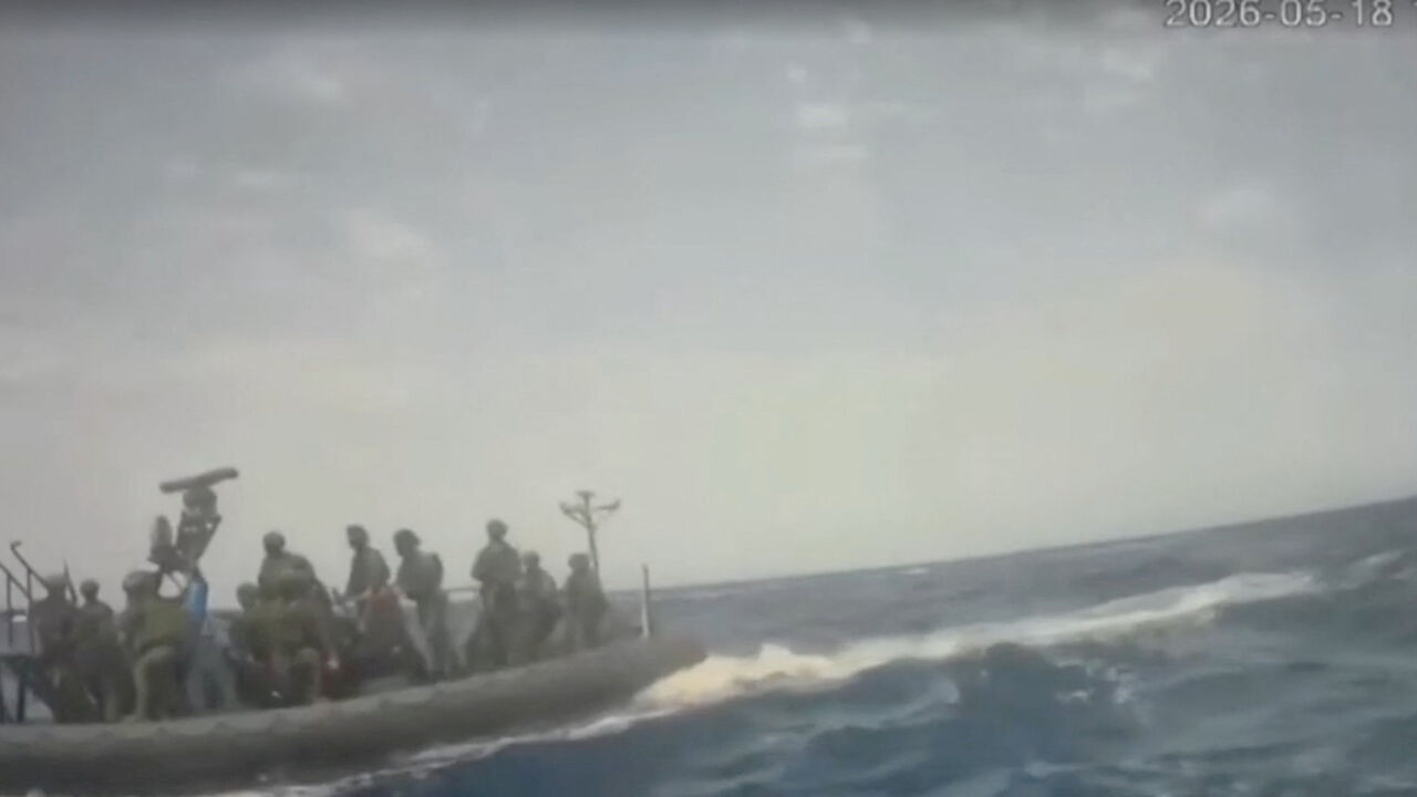 An Israeli naval boat intercepts the Global Sumud Flotilla en route to Gaza, in an attempt to deliver aid, at sea May 18, 2026, in this screengrab taken from a handout video. Global Sumud Flotilla/Handout via REUTERS