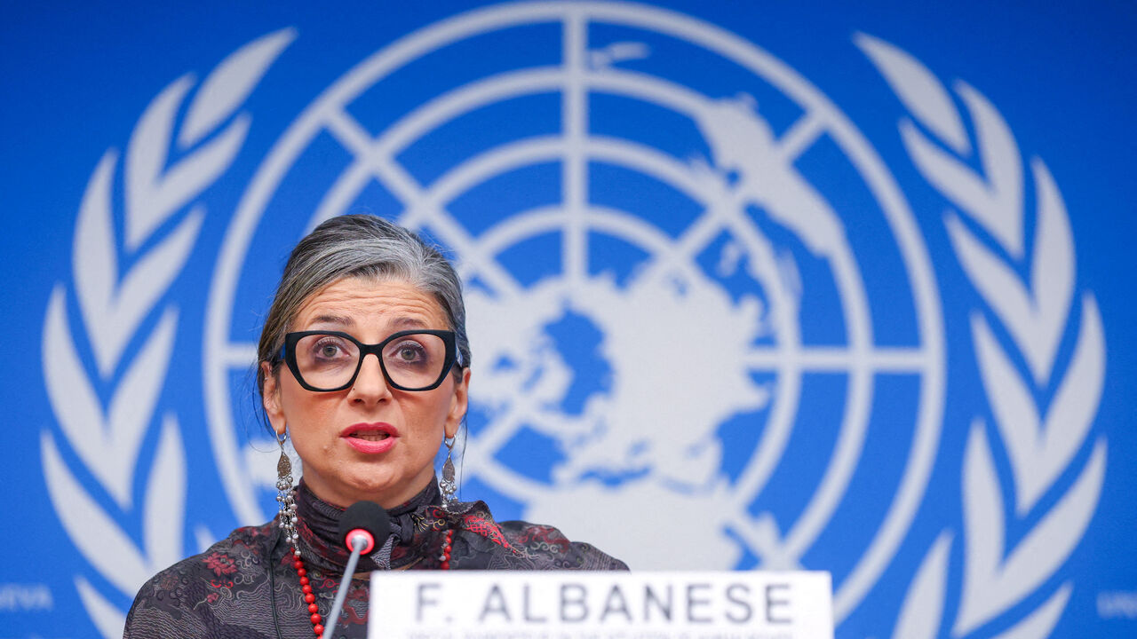 FILE PHOTO: Francesca Albanese, UN special rapporteur on human rights in the Palestinian territories, attends a news conference during the Human Rights Council at the United Nations in Geneva, Switzerland, March 24, 2026. REUTERS/Denis Balibouse/File Photo